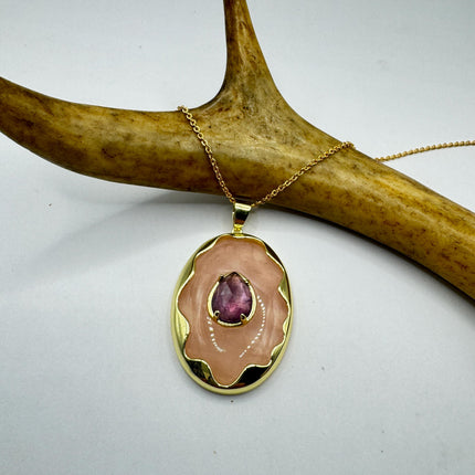 Vintage Pink Rose Quartz Amethyst Boho Gold Filled Necklace
