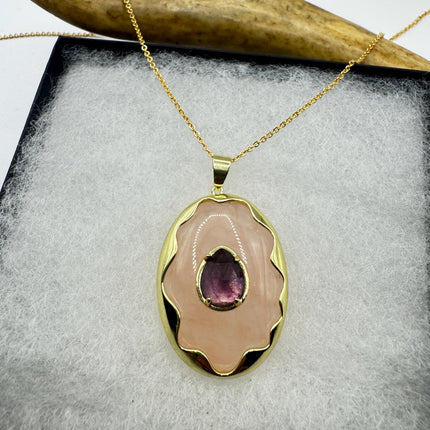 Vintage Pink Rose Quartz Amethyst Boho Gold Filled Necklace