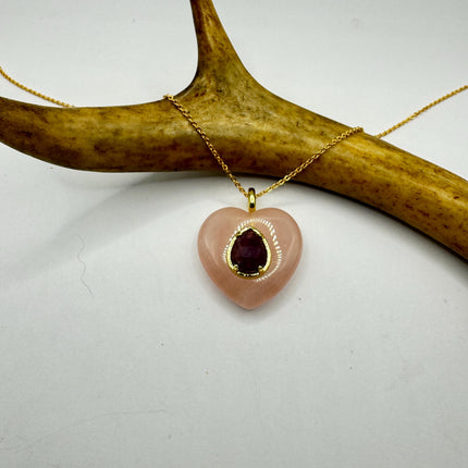 Vintage Heart Pink Rose Quartz Amethyst Boho Gold Filled Necklace