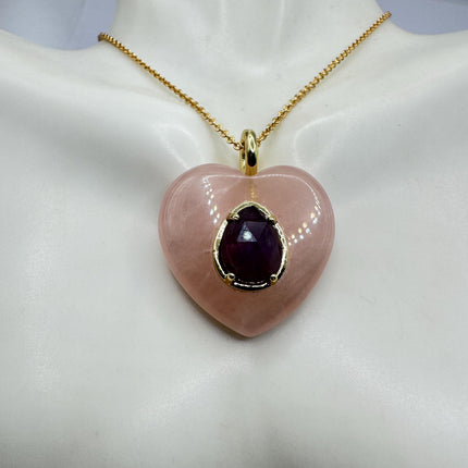Vintage Heart Pink Rose Quartz Amethyst Boho Gold Filled Necklace