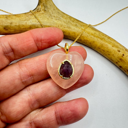Vintage Heart Pink Rose Quartz Amethyst Boho Gold Filled Necklace