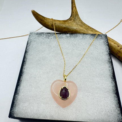Vintage Heart Pink Rose Quartz Amethyst Boho Gold Filled Necklace