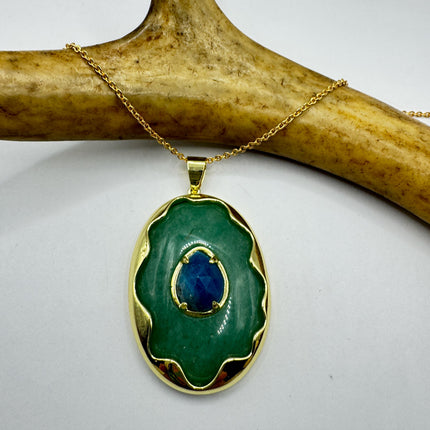 Vintage Green Aventurine Lapis Necklace Gold Filled Chain