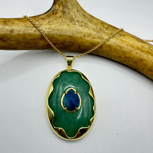 Vintage Green Aventurine Lapis Necklace Gold Filled Chain