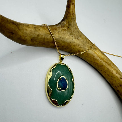 Vintage Green Aventurine Lapis Necklace Gold Filled Chain