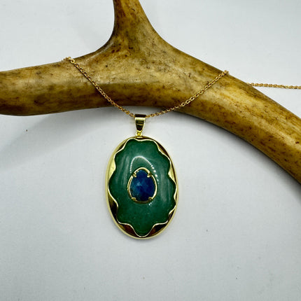 Vintage Green Aventurine Lapis Necklace Gold Filled Chain