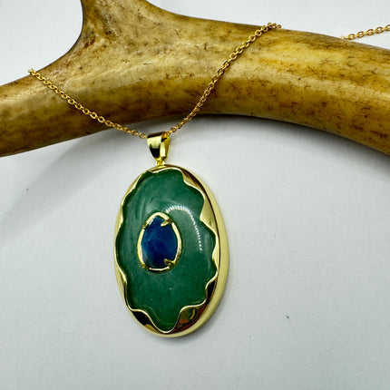 Vintage Green Aventurine Lapis Necklace Gold Filled Chain