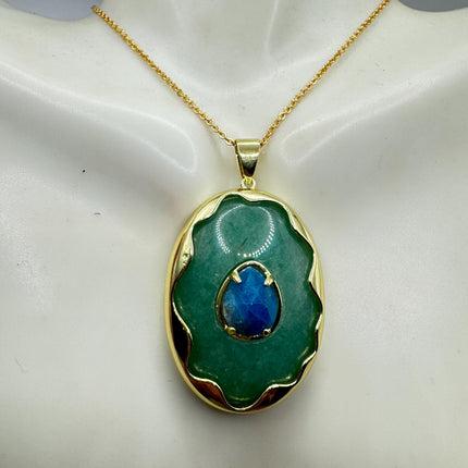 Vintage Green Aventurine Lapis Necklace Gold Filled Chain