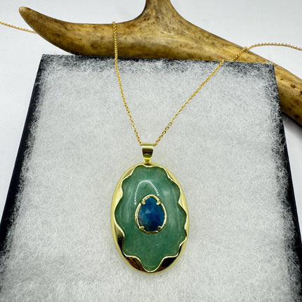 Vintage Green Aventurine Lapis Necklace Gold Filled Chain