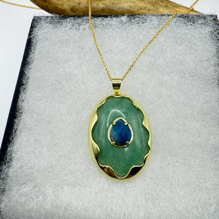Vintage Green Aventurine Lapis Necklace Gold Filled Chain