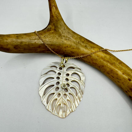 Vintage Mother Of Pearl Monstera Leaf Gold Filled Necklace