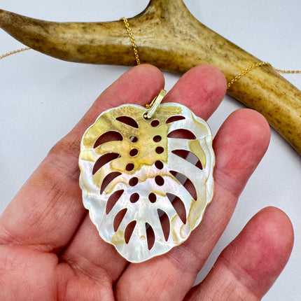 Vintage Mother Of Pearl Monstera Leaf Gold Filled Necklace