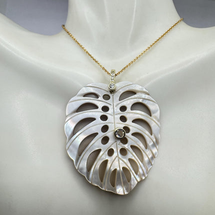 Vintage Mother Of Pearl Monstera Leaf Gold Filled Necklace