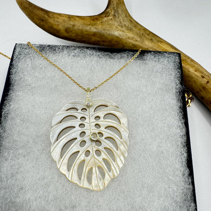Vintage Mother Of Pearl Monstera Leaf Gold Filled Necklace