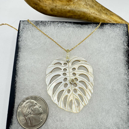 Vintage Mother Of Pearl Monstera Leaf Gold Filled Necklace