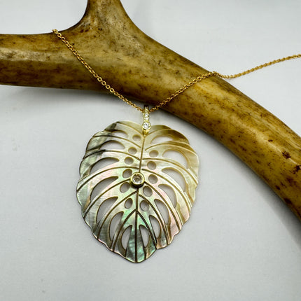 Vintage Bronze Mother Of Pearl Monstera Leaf Gold Filled Necklace