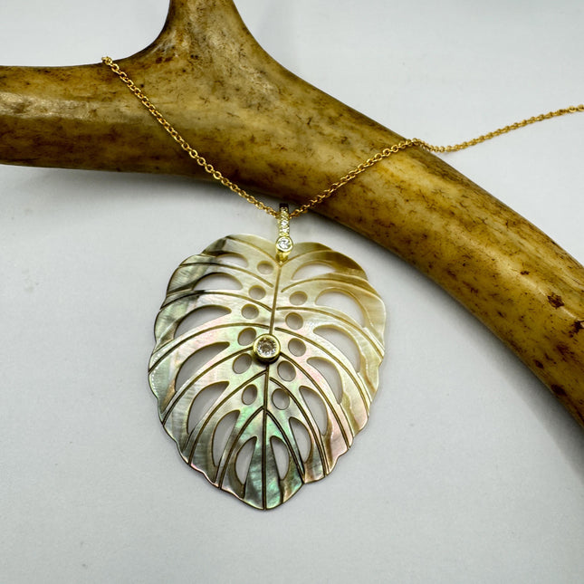 Vintage Bronze Mother Of Pearl Monstera Leaf Gold Filled Necklace