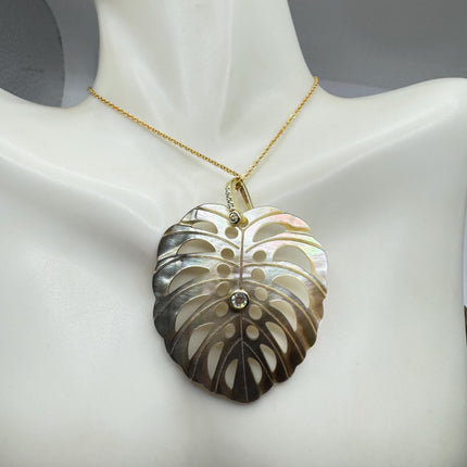 Vintage Bronze Mother Of Pearl Monstera Leaf Gold Filled Necklace