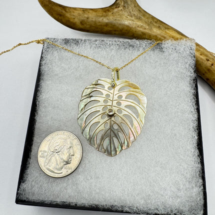 Vintage Bronze Mother Of Pearl Monstera Leaf Gold Filled Necklace