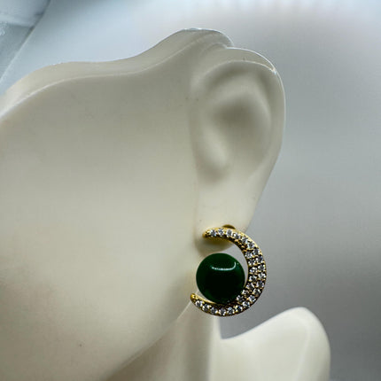 Vintage Golden Green Jade Crescent Moon Lucky Stud Earrings