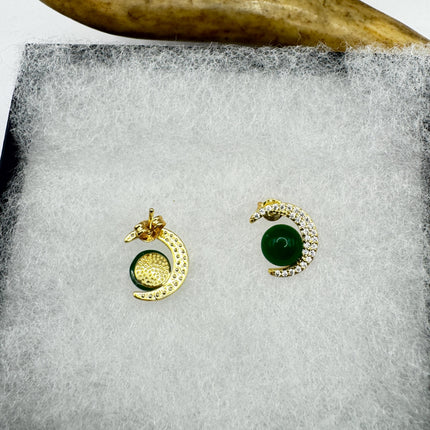 Vintage Golden Green Jade Crescent Moon Lucky Stud Earrings