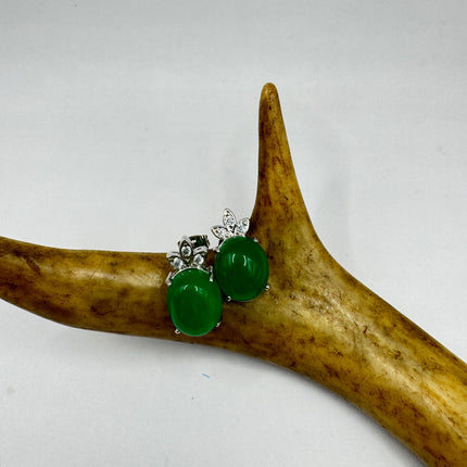 Vintage Silver Green Jade Lucky Stud Earrings - Bronze Casting