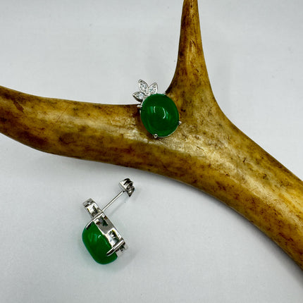 Vintage Silver Green Jade Lucky Stud Earrings - Bronze Casting
