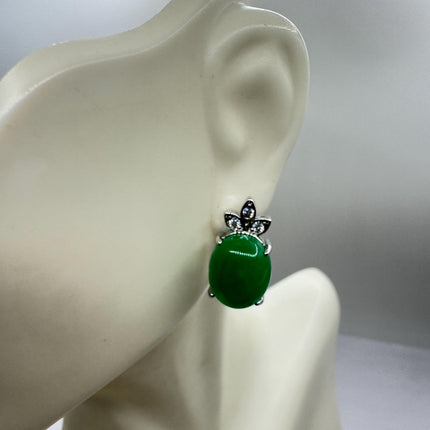 Vintage Silver Green Jade Lucky Stud Earrings - Bronze Casting