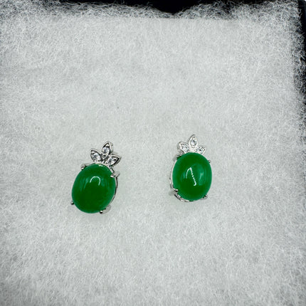 Vintage Silver Green Jade Lucky Stud Earrings - Bronze Casting