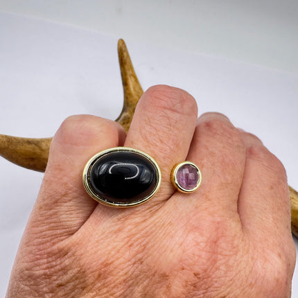 Vintage Golden Black Onyx Amethyst Lucky Cocktail Ring Adjustable