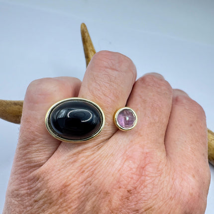 Vintage Golden Black Onyx Amethyst Lucky Cocktail Ring Adjustable