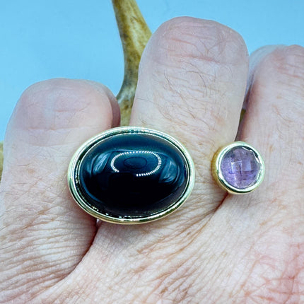 Vintage Golden Black Onyx Amethyst Lucky Cocktail Ring Adjustable