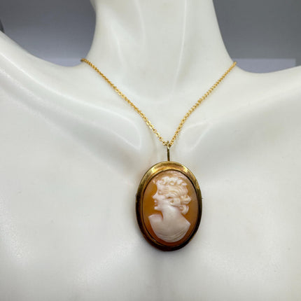 Vintage Small Cameo Pendant Necklace: Gold Filled Charm with Matching Chain Pin Brooch