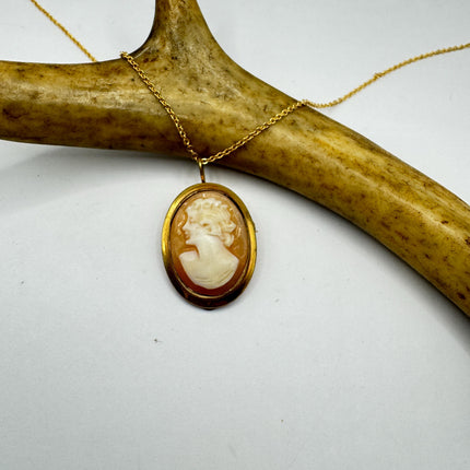 Vintage Small Cameo Pendant Necklace: Gold Filled Charm with Matching Chain Pin Brooch