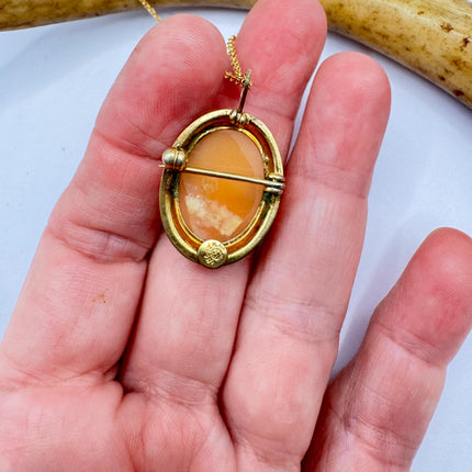 Vintage Small Cameo Pendant Necklace: Gold Filled Charm with Matching Chain Pin Brooch