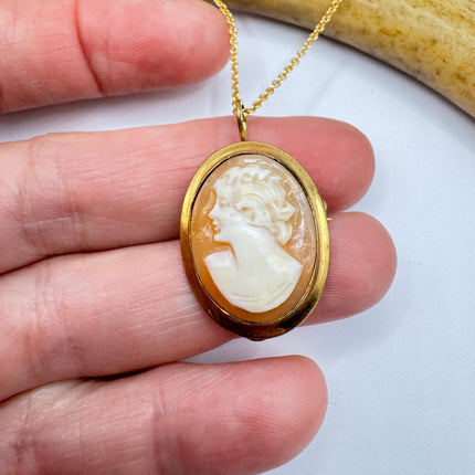 Vintage Small Cameo Pendant Necklace: Gold Filled Charm with Matching Chain Pin Brooch