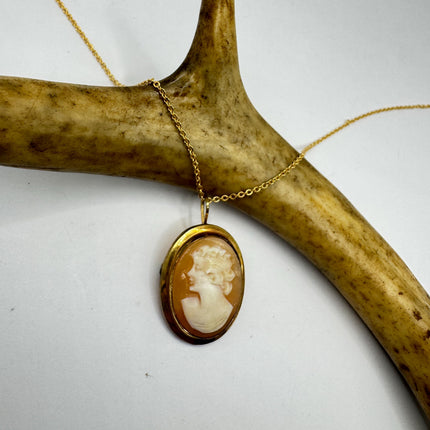 Vintage Small Cameo Pendant Necklace: Gold Filled Charm with Matching Chain Pin Brooch