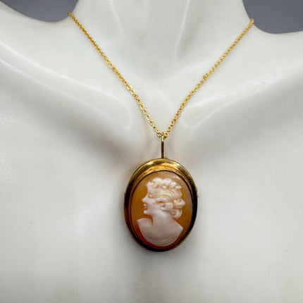 Vintage Small Cameo Pendant Necklace: Gold Filled Charm with Matching Chain Pin Brooch