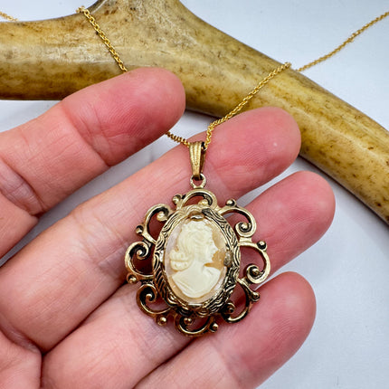 Vintage Cameo Pendant Necklace: Gold Filled Charm, Delicate Chain