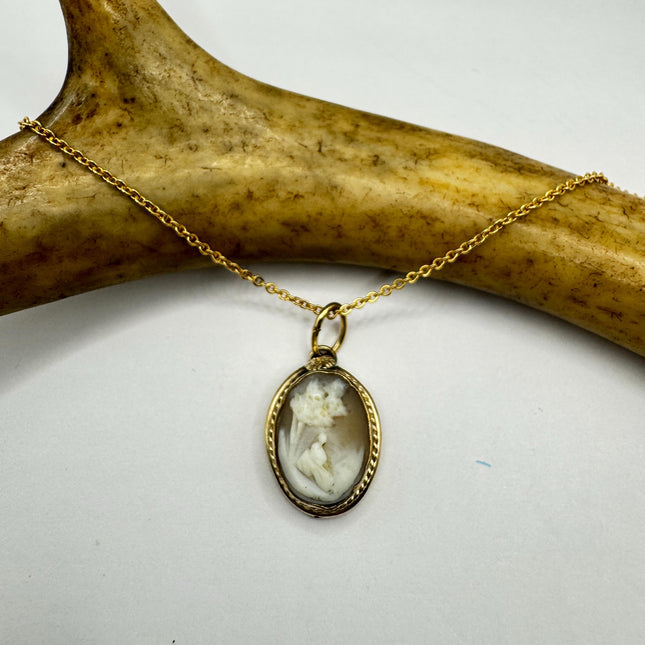 Vintage Small Cameo Pendant Necklace: Gold Filled Charm, Delicate Chain