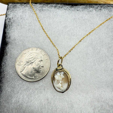 Vintage Small Cameo Pendant Necklace: Gold Filled Charm, Delicate Chain