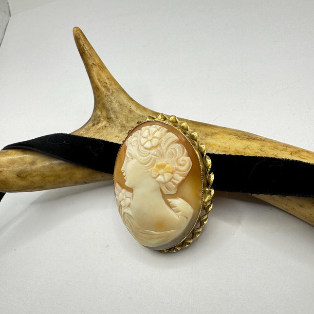 Vintage Carved Shell Cameo Brooch Pin: Gold Filled, Black Velvet Choker