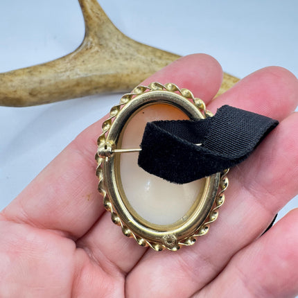 Vintage Carved Shell Cameo Brooch Pin: Gold Filled, Black Velvet Choker