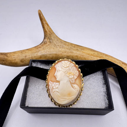 Vintage Carved Shell Cameo Brooch Pin: Gold Filled, Black Velvet Choker