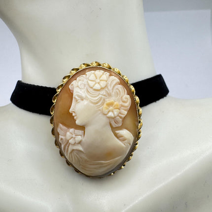 Vintage Carved Shell Cameo Brooch Pin: Gold Filled, Black Velvet Choker