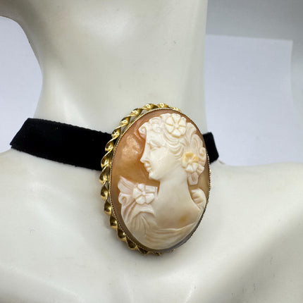 Vintage Carved Shell Cameo Brooch Pin: Gold Filled, Black Velvet Choker