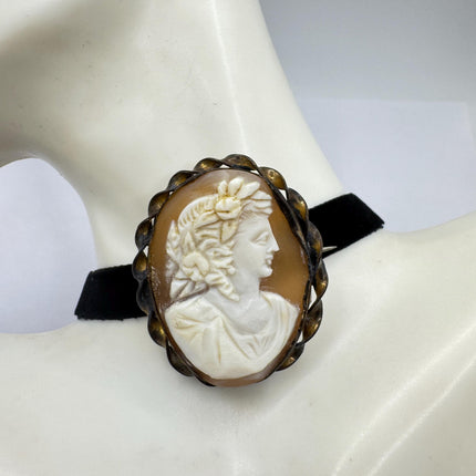 Vintage Carved Shell Cameo Brooch Pin: Gold Bronze Black Velvet Choker