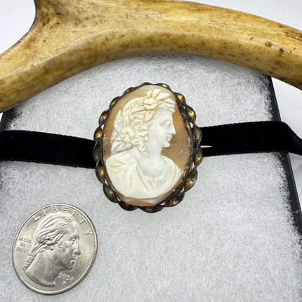 Vintage Carved Shell Cameo Brooch Pin: Gold Bronze Black Velvet Choker