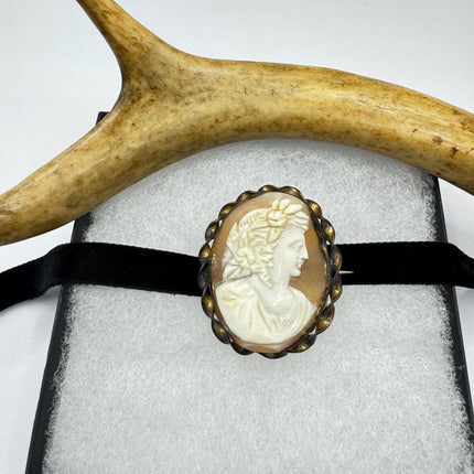 Vintage Carved Shell Cameo Brooch Pin: Gold Bronze Black Velvet Choker