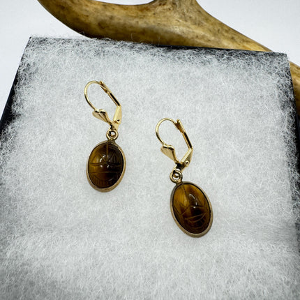 Vintage Tigers Eye Scarab Earrings Dangle Gold Filled